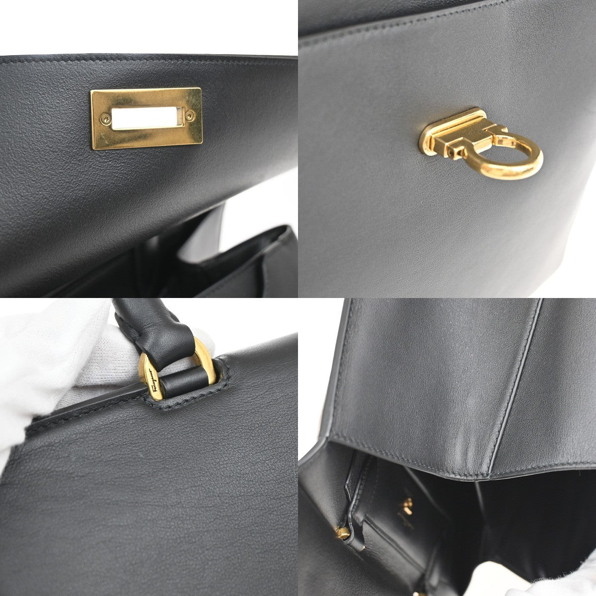 SALVATORE FERRAGAMO 2Way Gancini Shoulder Hand Bag Leather Black Gold 79RF484