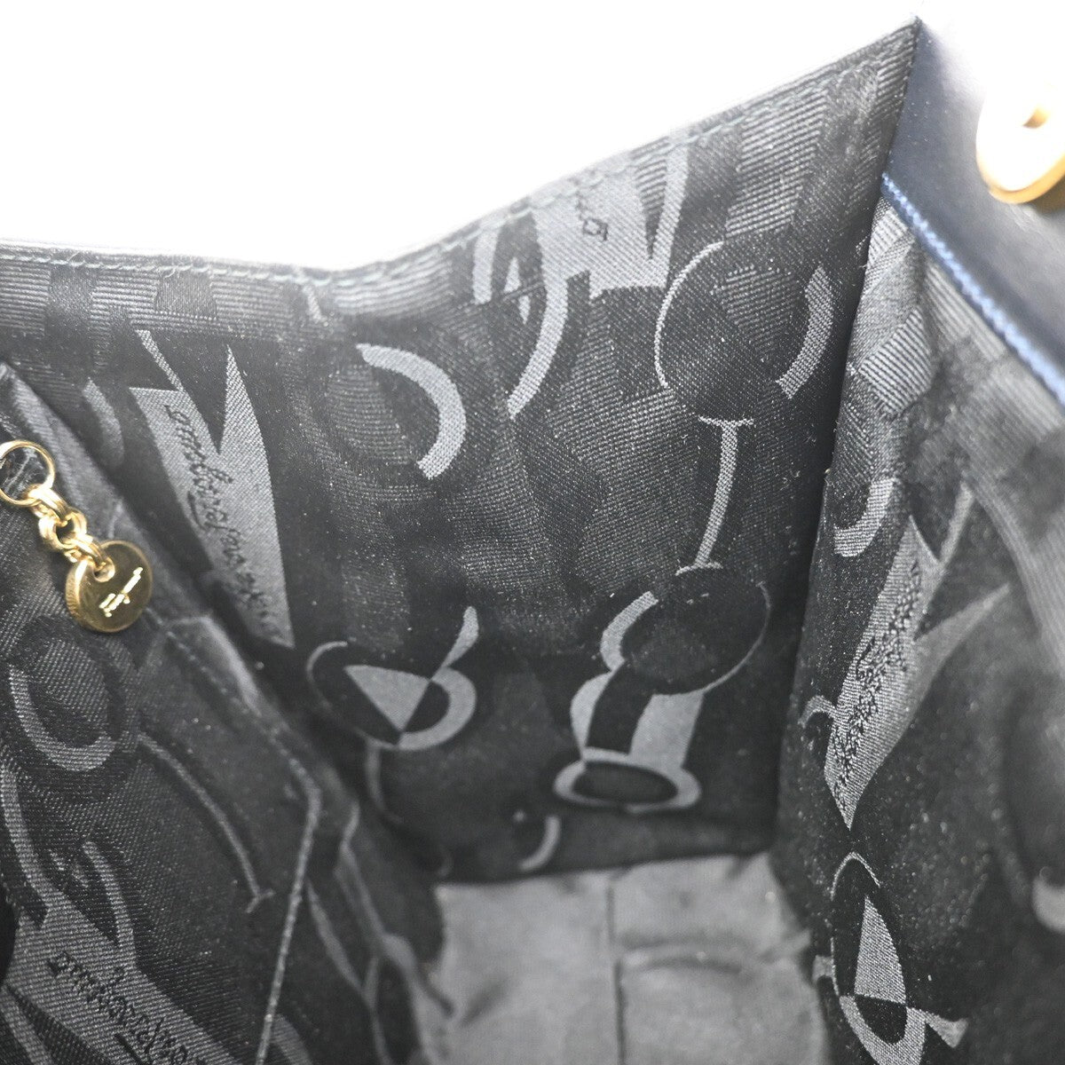 SALVATORE FERRAGAMO LOGO Vara 2Way Hand Bag Leather Canvas Navy Blue 65YH406