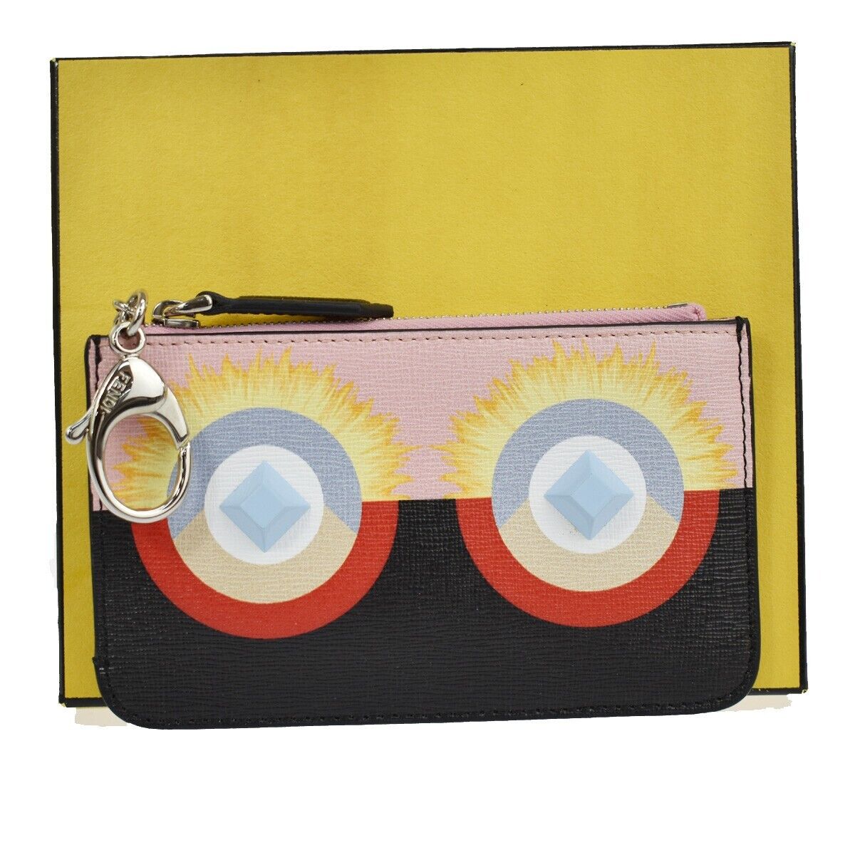 FENDI BAG BUGS Monster Coin Wallet Key Clip Leather Black Pink Silver 66YD090