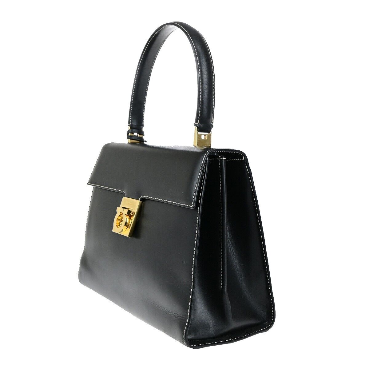 SALVATORE FERRAGAMO Gancini Top Handle Hand Bag Leather Black GHW Italy 35ED328