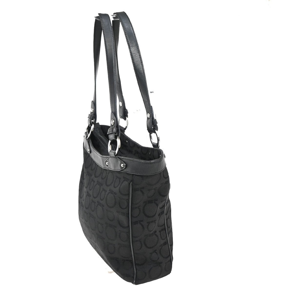 SALVATORE FERRAGAMO Gancini Tote Shoulder Bag Canavs Leather Black SHW 09KB197