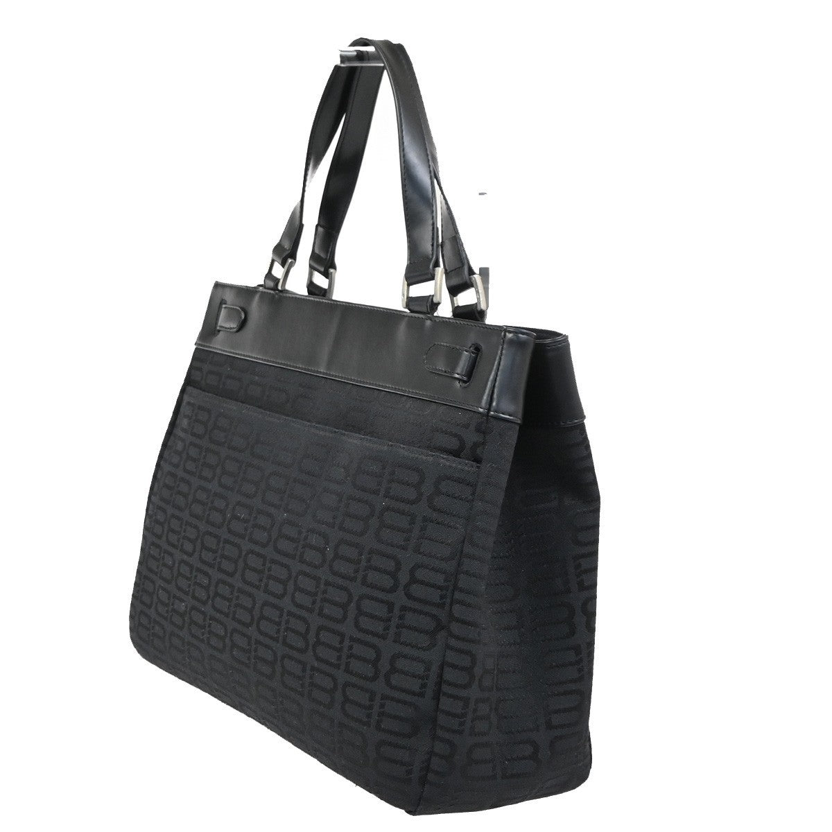 BALENCIAGA Logo BB Pattern Hand Tote Bag Canvas Leather Black SHW 67ZA251