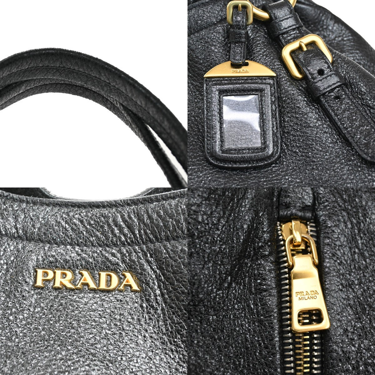PRADA  Logo Shoulder Bag Snap Closure Leather Black Gold Italy  72TA071