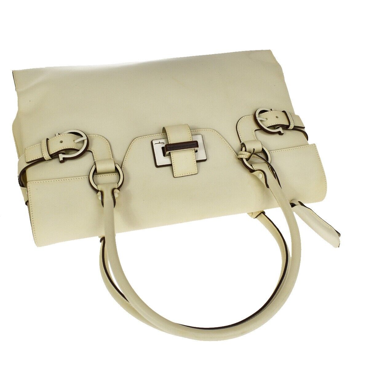 SALVATORE FERRAGAMO Logo Tote Shoulder Bag Leather off white Brown Italy 66SH069