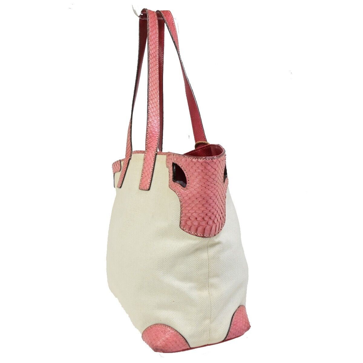 CARTIER Logo Marcello Shoulder Tote Bag Canvas Leather Beige Red Italy 36FA996