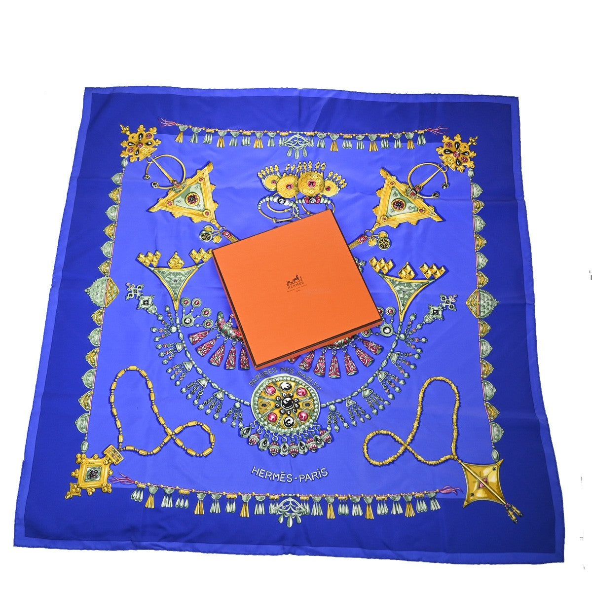 HERMES Logo Carre Scarf 90  " PARURES DES SABLES" 100% Silk Blue France 38YJ114