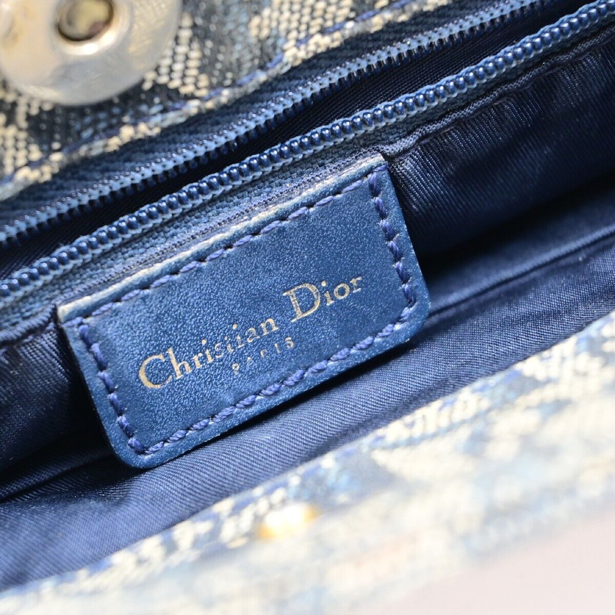 CHRISTIAN DIOR Trotter Pattern Hand Tote Bag Canvas Leather Blue GHW 35EB800