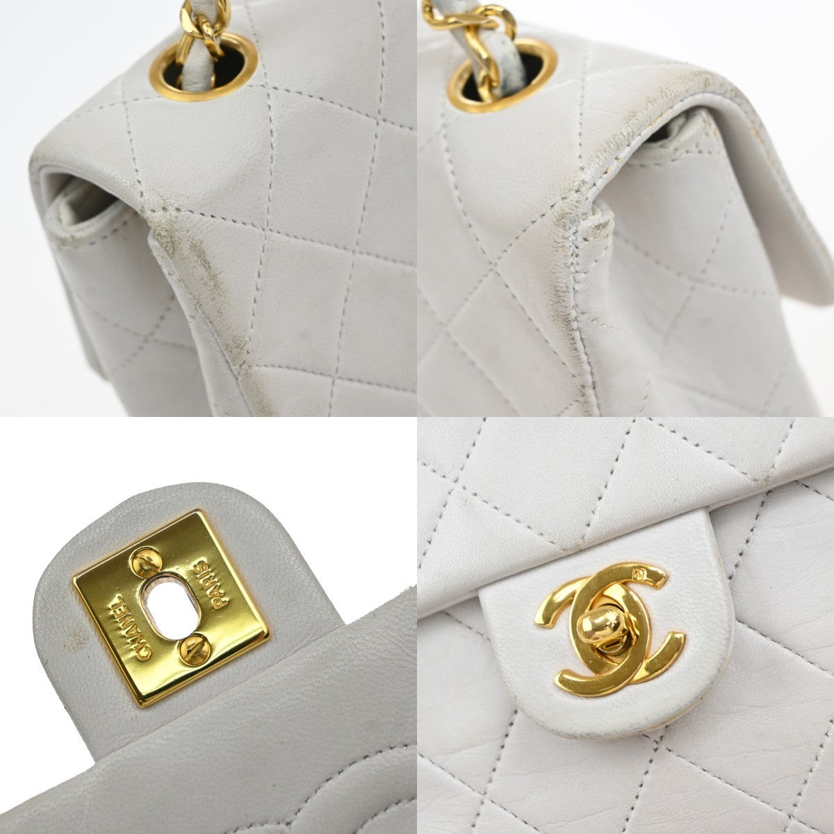 CHANEL CC Mini Matelasse Chain Shoulder Bag Leather White GHW Vintage 371RP176