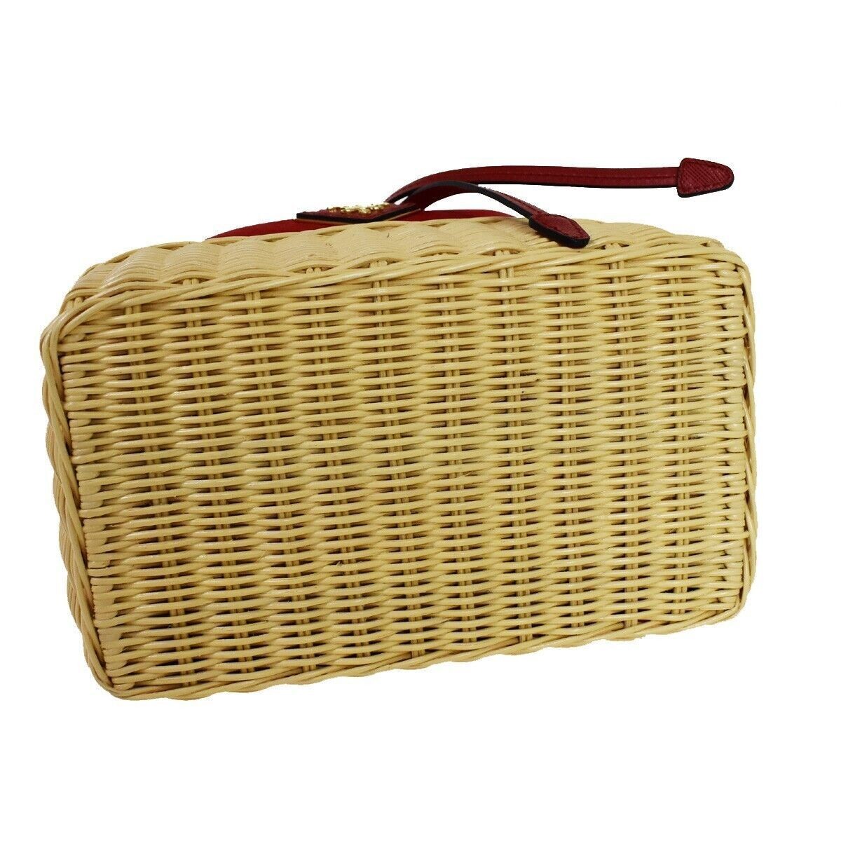 PRADA Logo Plage Wicker 2Way Shoulder Hand Bag Canvas Leather Red Gold 678RH125