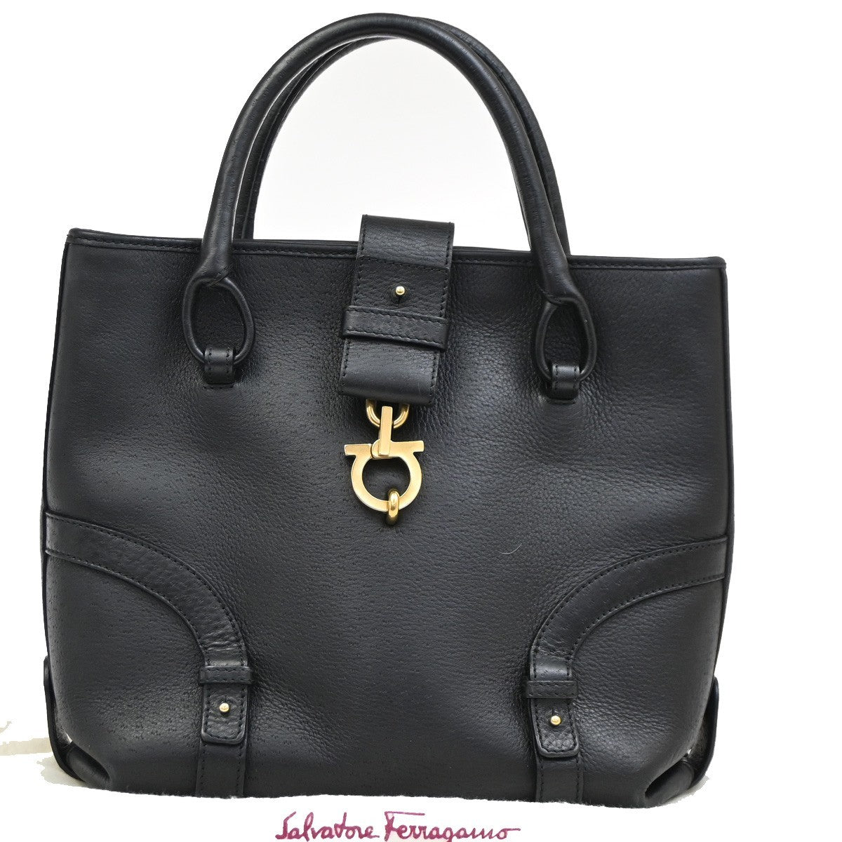 SALVATORE FERRAGAMO Gancini Shoulder Hand Bag Leather Black GHW 30DA049