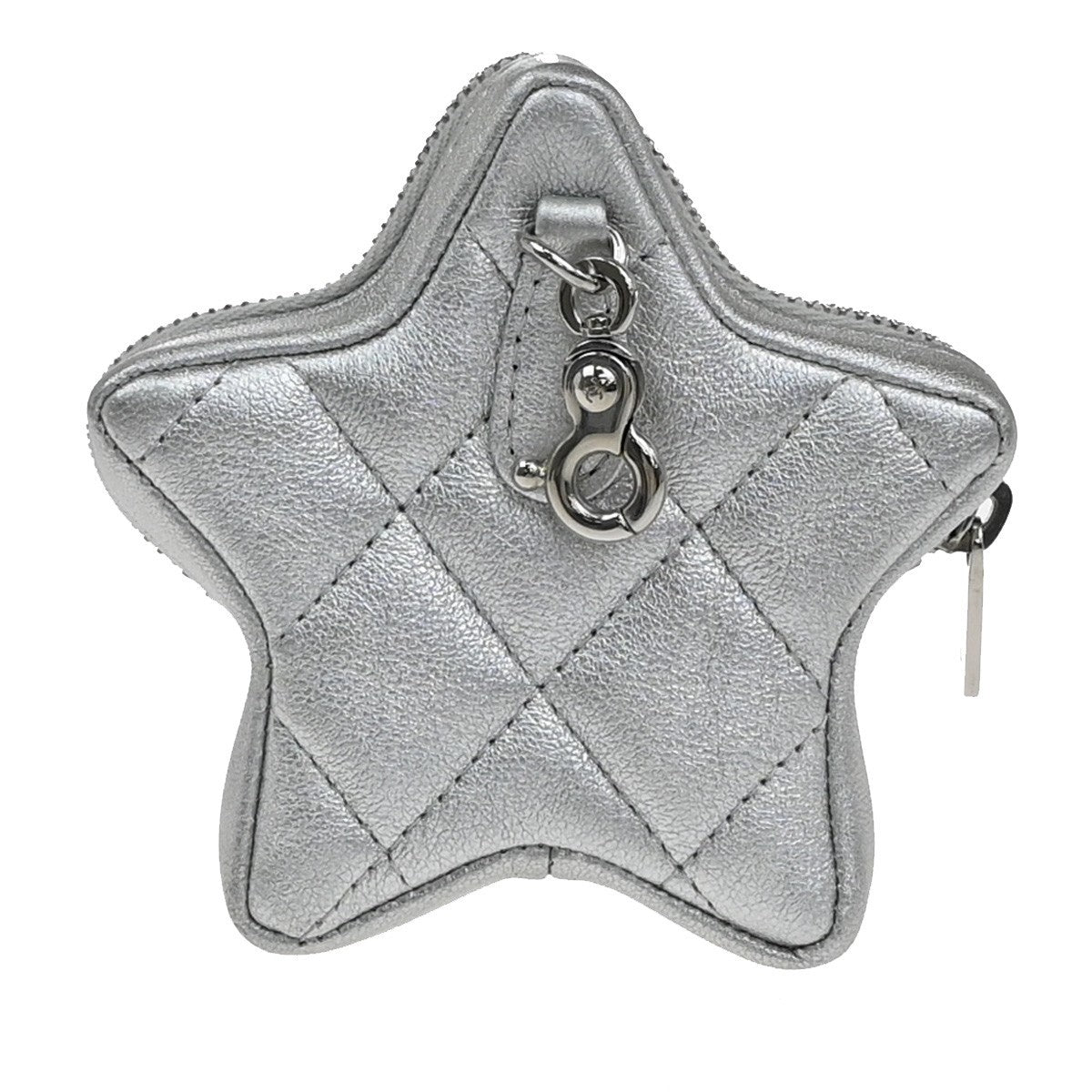 CHANEL CC Logo Matelasse Star Mini Charm Wallet Coin Case Leather Silver 82RF868