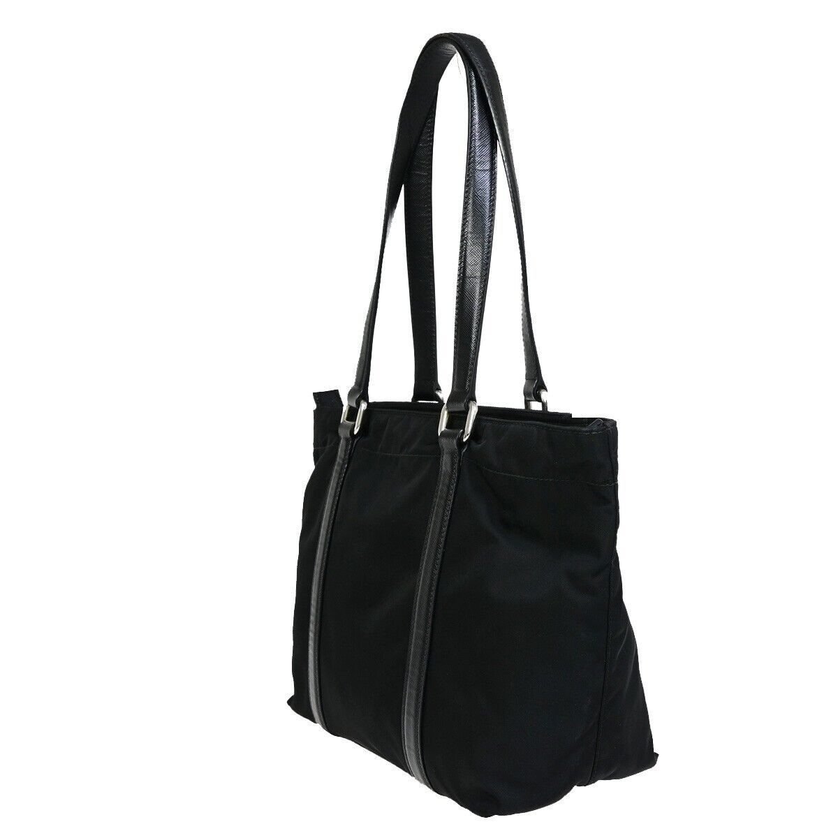 PRADA MILANO Logo Tessuto Shoulder Tote Bag Leather Nylon Black Silver 87SH931