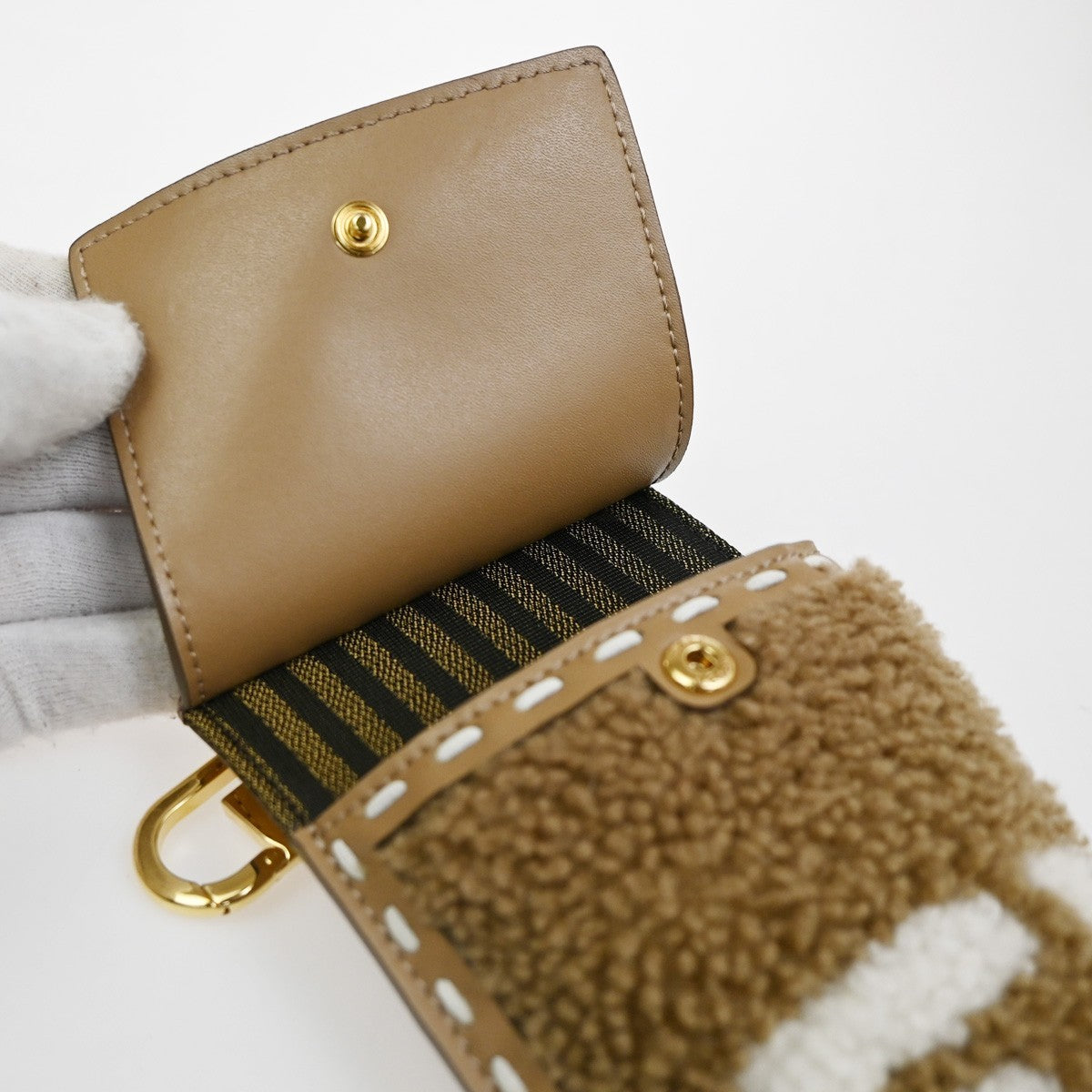 FENDI FF Logo Mini Phone Case Shearling Leather Brown Italy GHW 31RL849