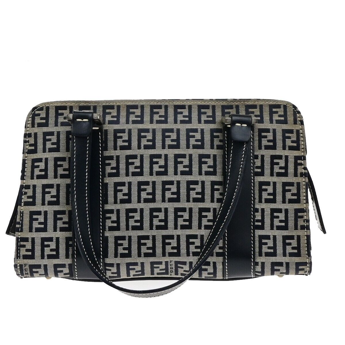 FENDI Logo Zucca Pattern Shoulder Bag Canvas Leather Navy Blue Italy 83KA549