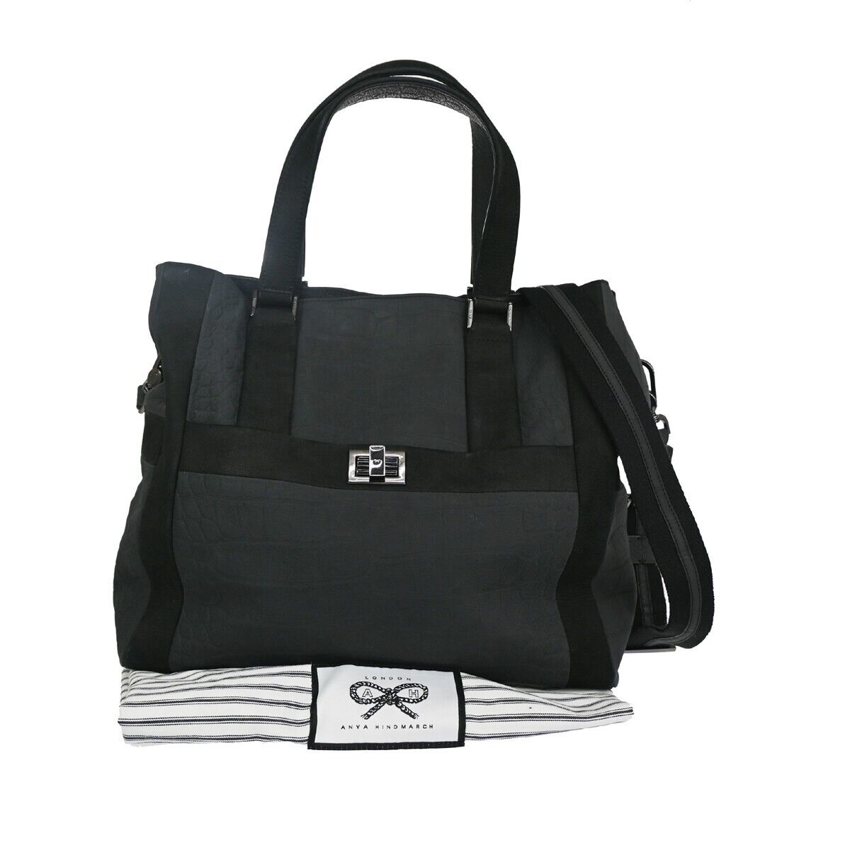 ANYA HINDMARCH Logo 2Way Shoulder Hand Bag Embossing Suede Leather Black 05DA069