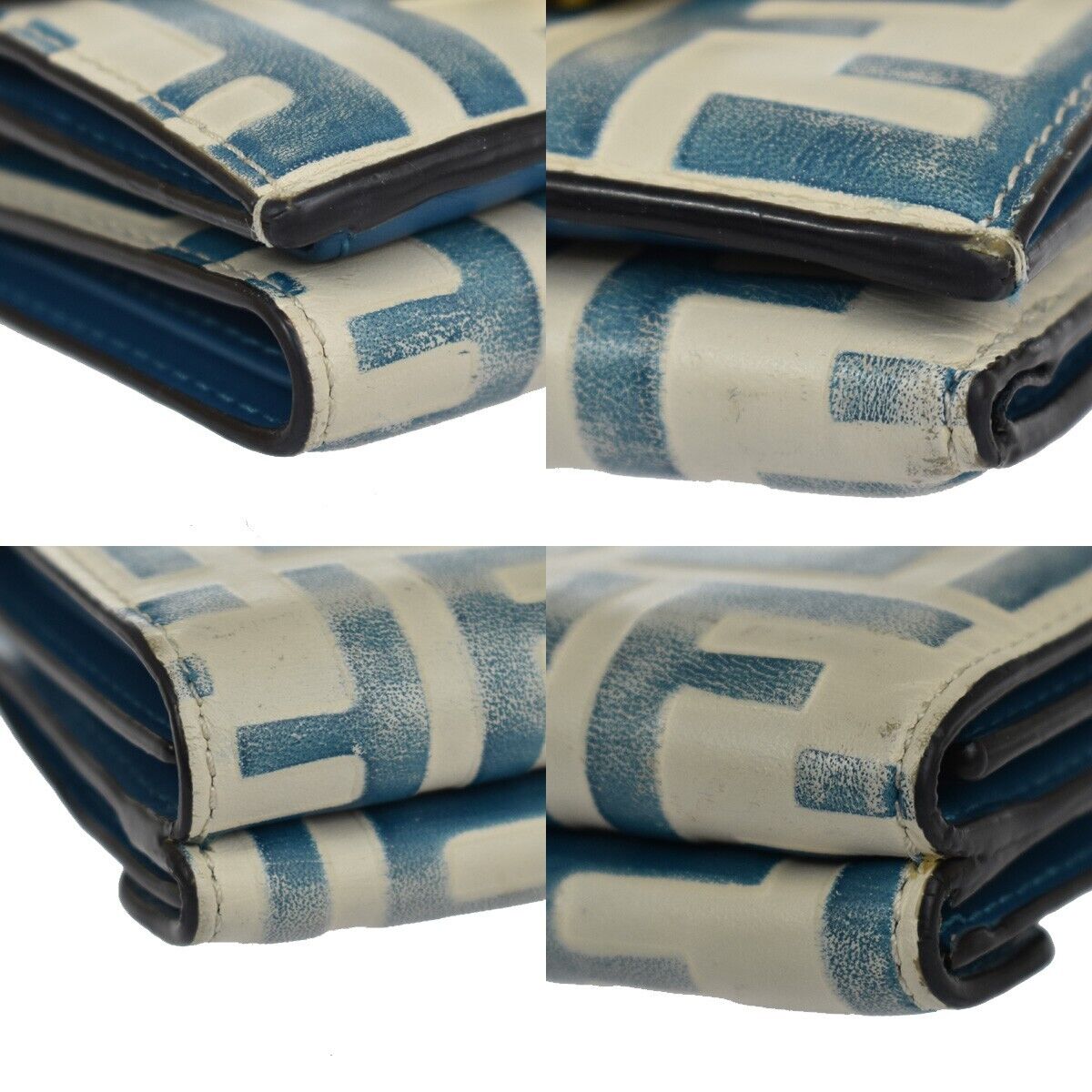 FENDI Zucca Pattern Mini Trifold Wallet Purse Leather Blue White Italy 61YD091
