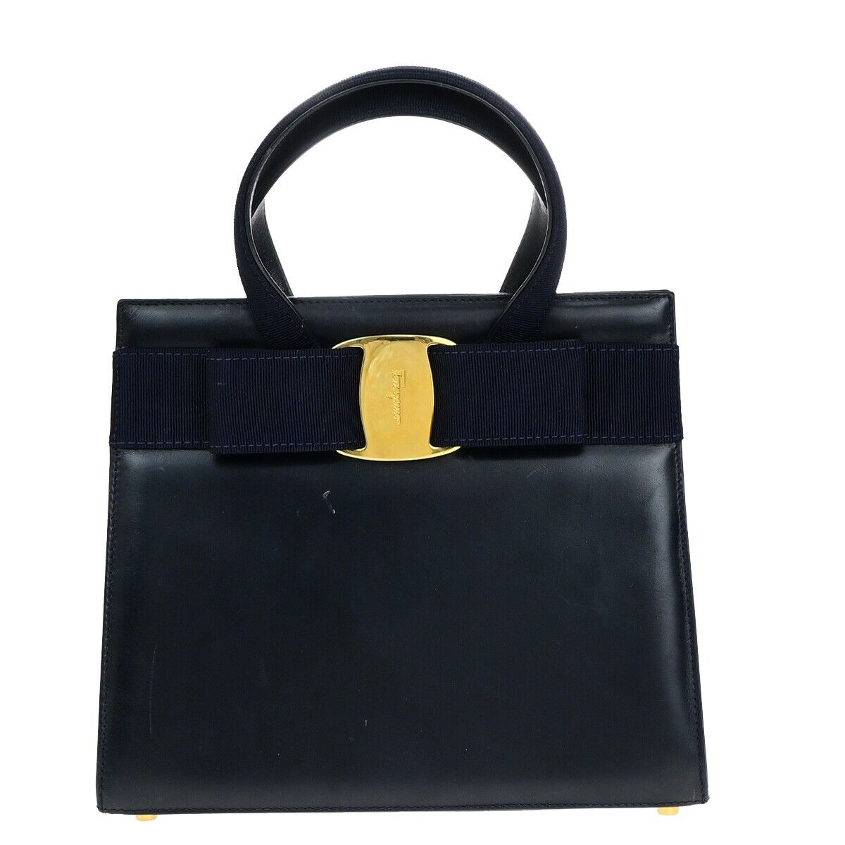 SALVATORE FERRAGAMO Vara Hand Bag Canvas Leather Navy Blue GHW Italy 66EB622