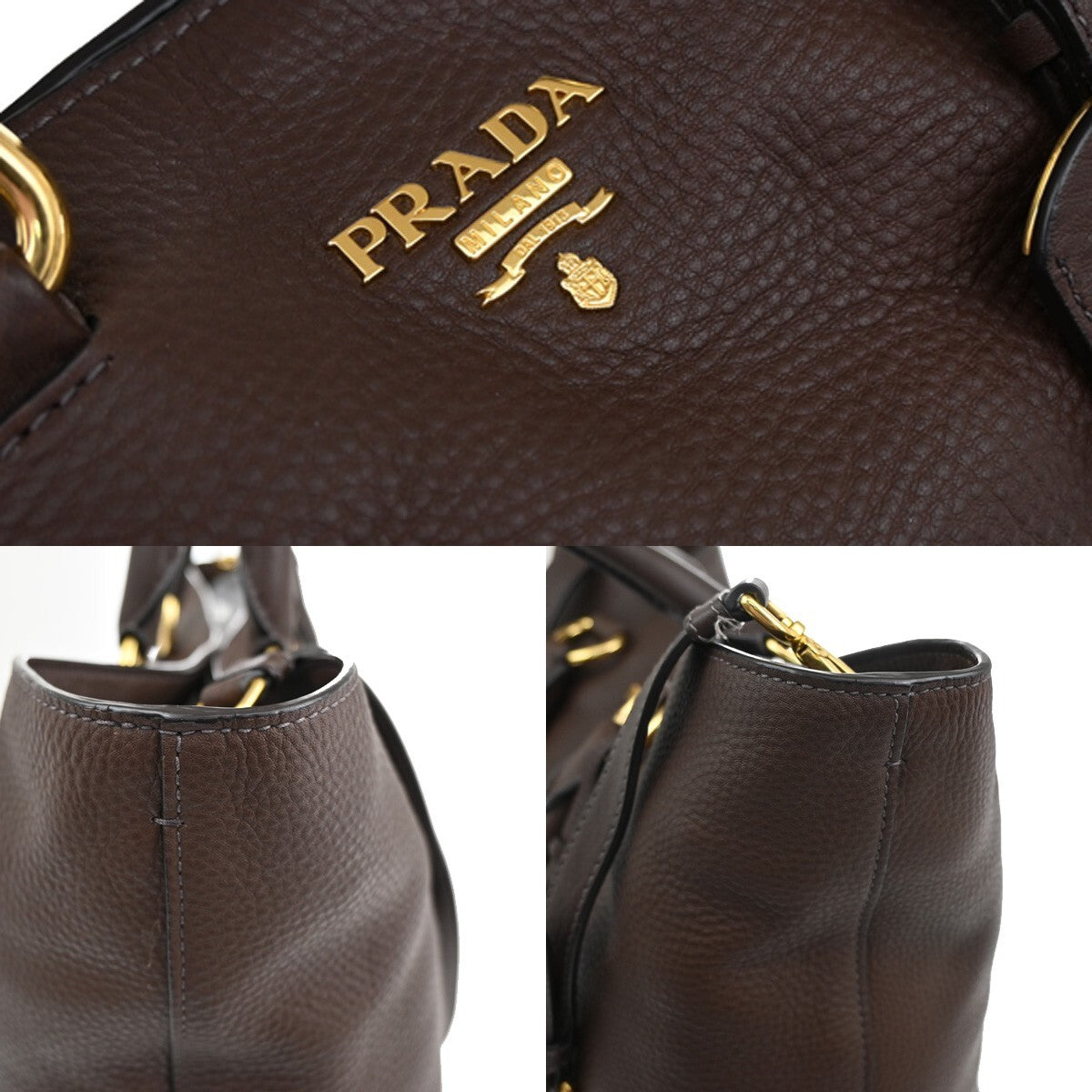 PRADA Logo 2Way Shoulder Tote Hand Bag Leather Brown Gold Italy 53RF343