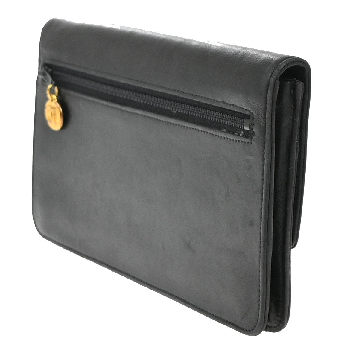 CHANEL CC Logo Long Bifold Wallet Leather Black GHW Vintage 35RF726