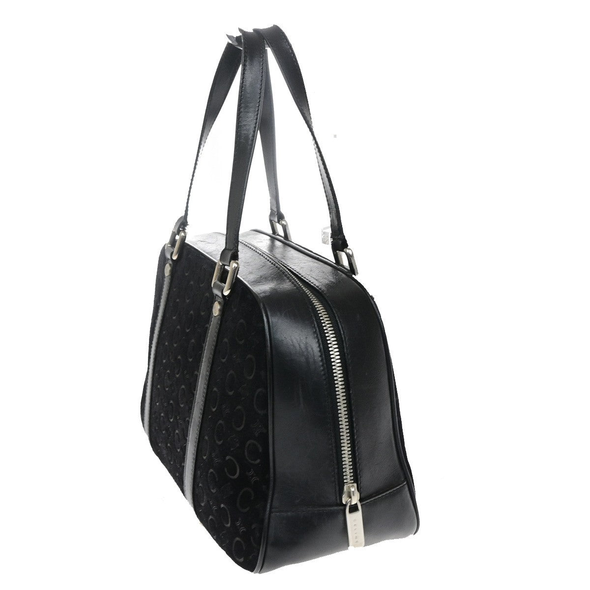 CELINE Logo C Macadam Pattern Hand Bag Suede Leather Black SHW 38CB067
