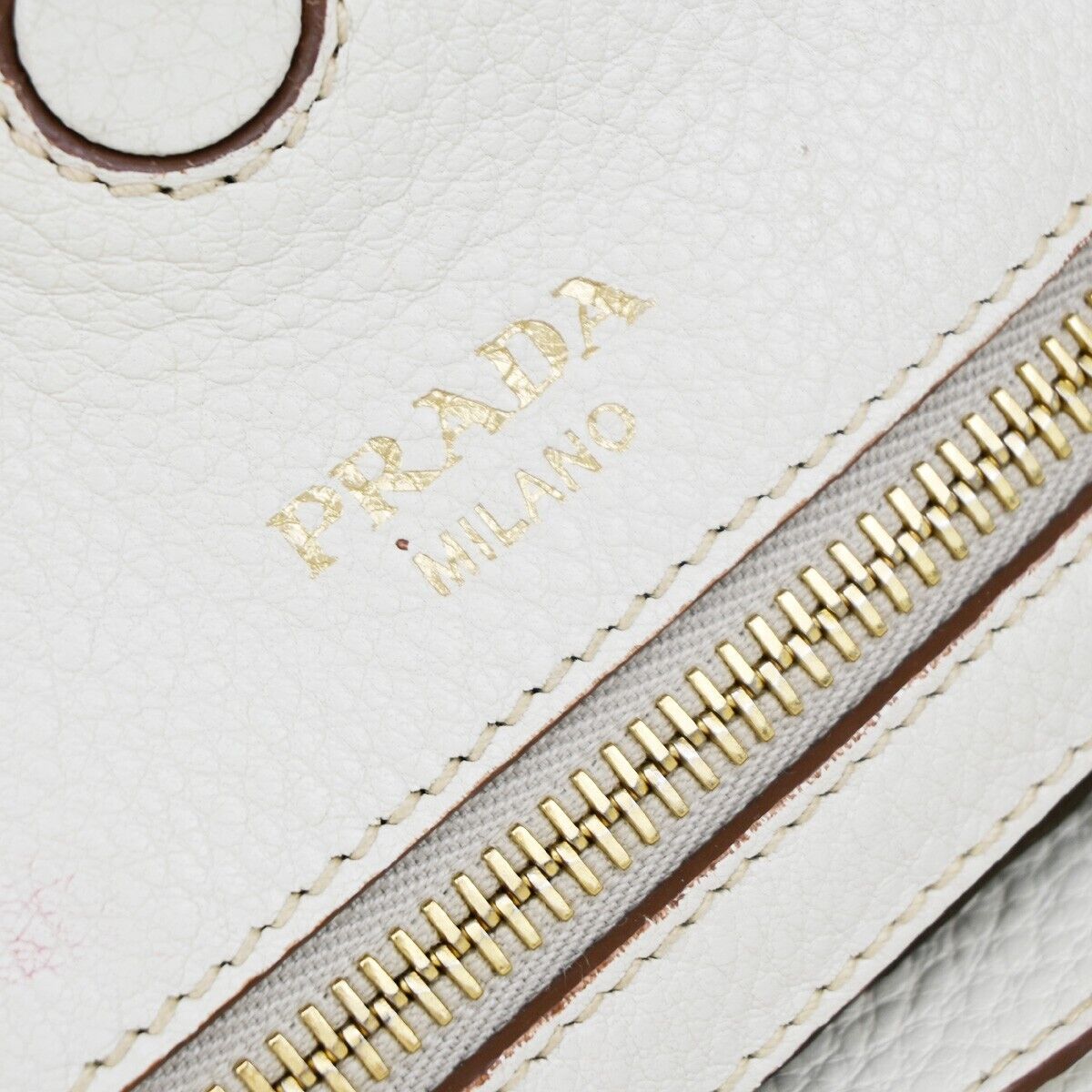 PRADA MILANO Logo Shoulder Hand Tote Bag Leather White Gold 86KA230