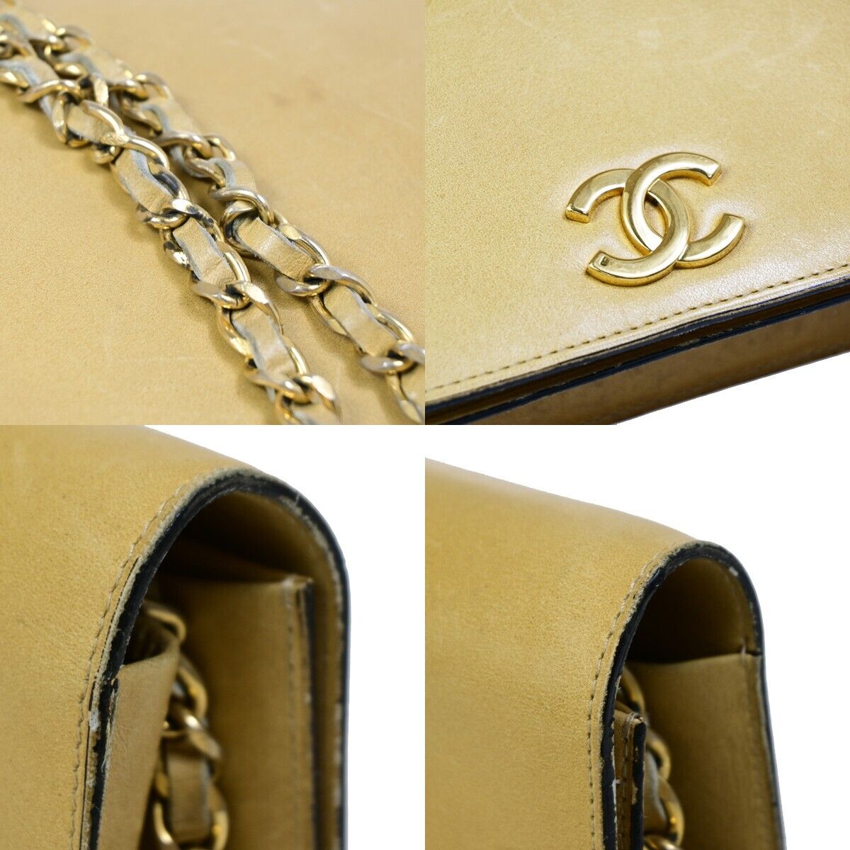 CHANEL CC Logo Chain Shoulder Bag Leather Beige GHW France Vintage 605EB035