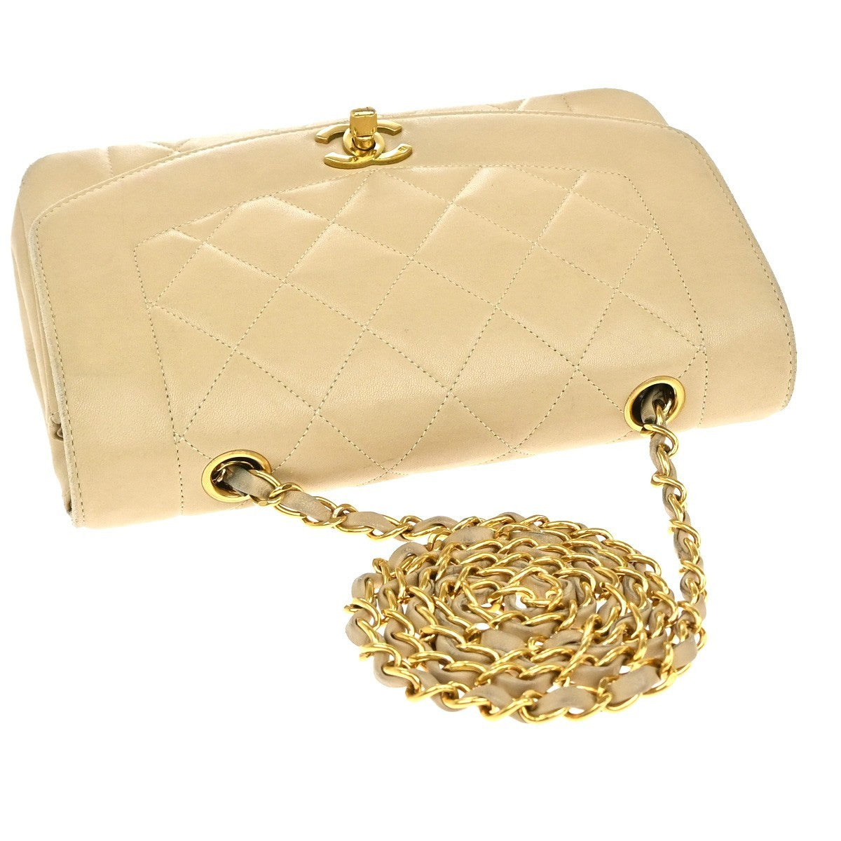 CHANEL CC Diana Matelasse 22 Chain Shoulder Bag Leather Beige Vintage 397RF995