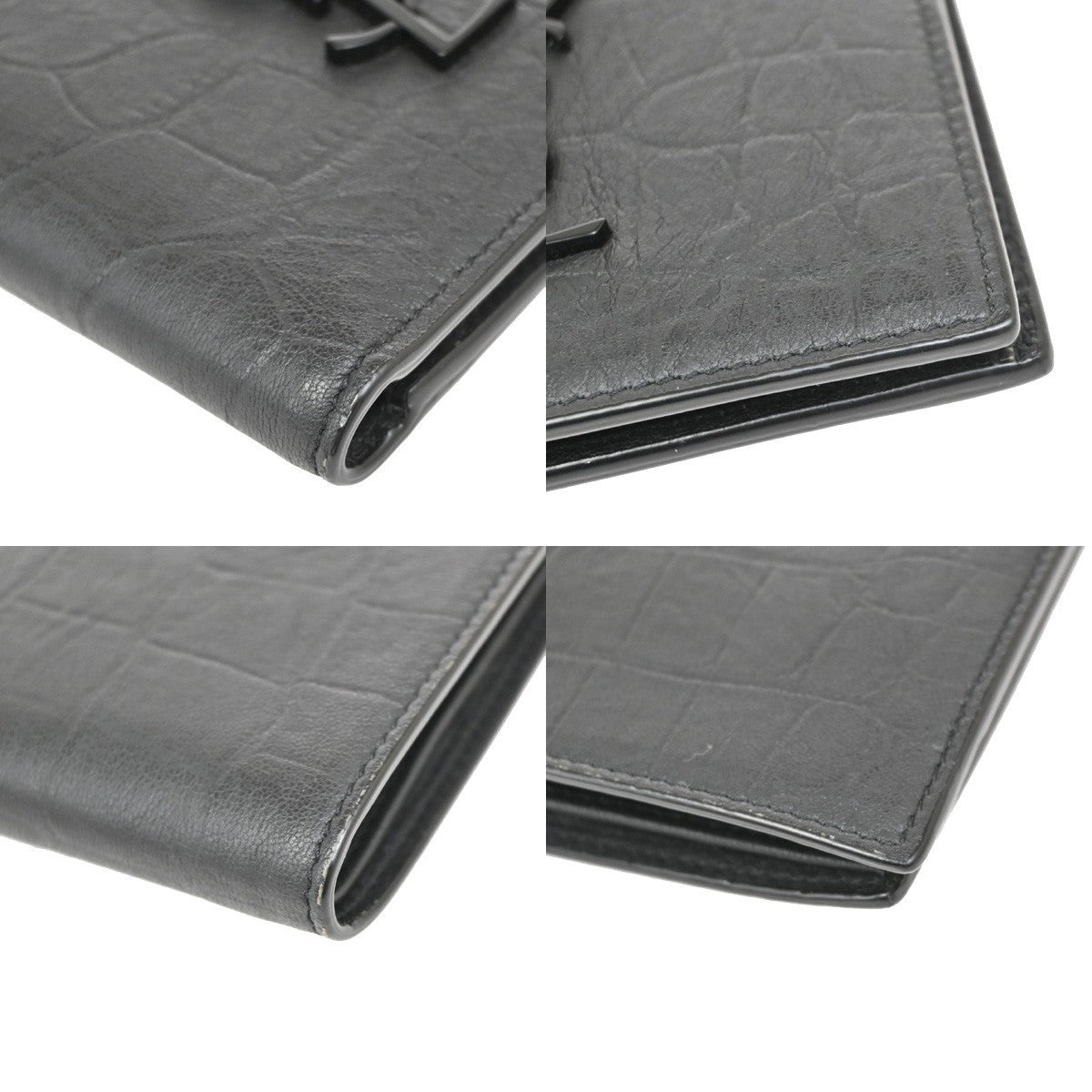 SAINT LAURENT YSL Logo Bifold Compact Wallet Embossing Leather BK Italy 84RL530