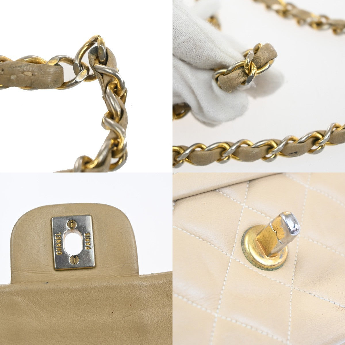 CHANEL CC Matelasse 25 Double Flap Cahin Shoulder Bag Leather Beige GHW 397RL943