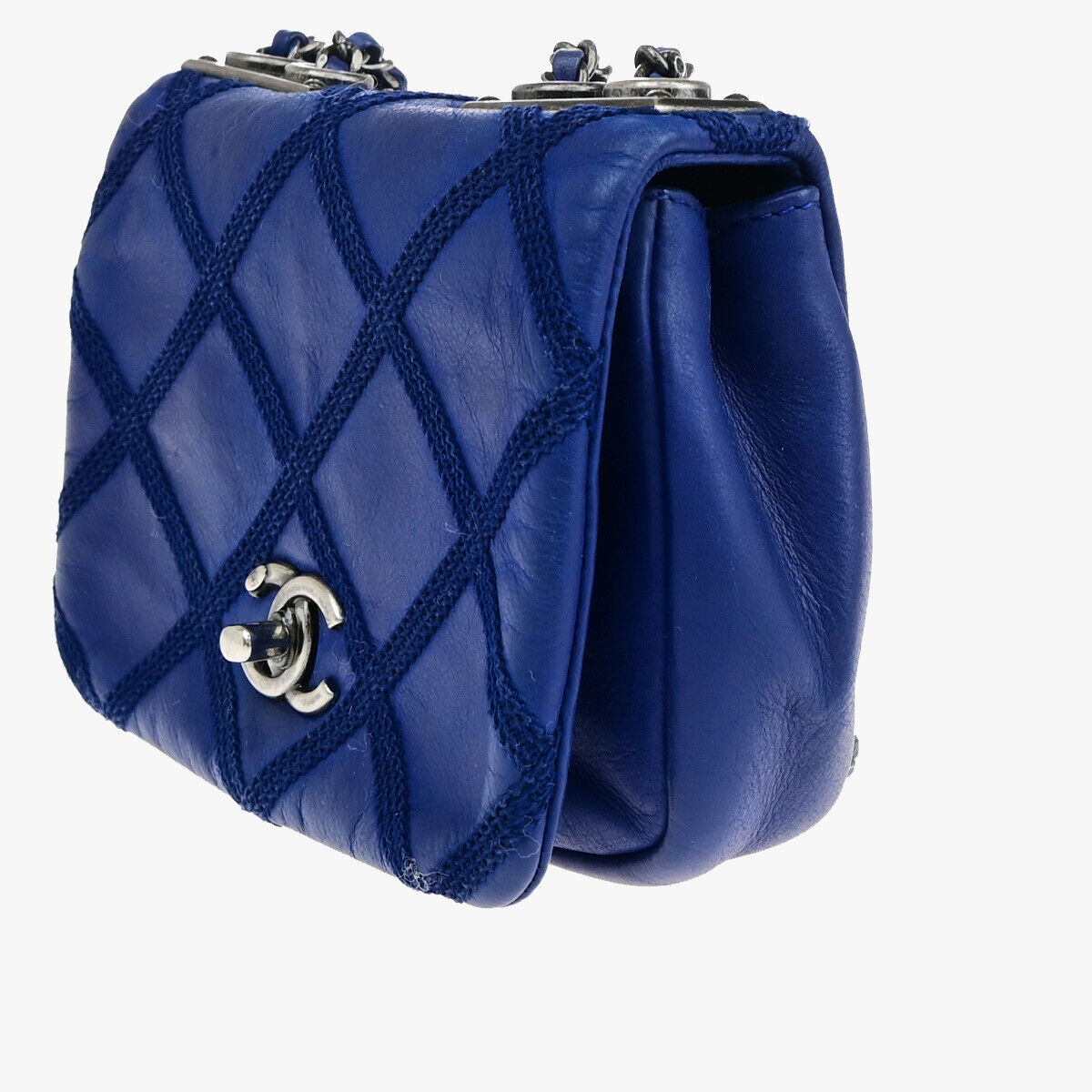 CHANEL CC Logo Mini Matelasse Chain Shoulder Bag Leather Blue SHW Italy 397RK203