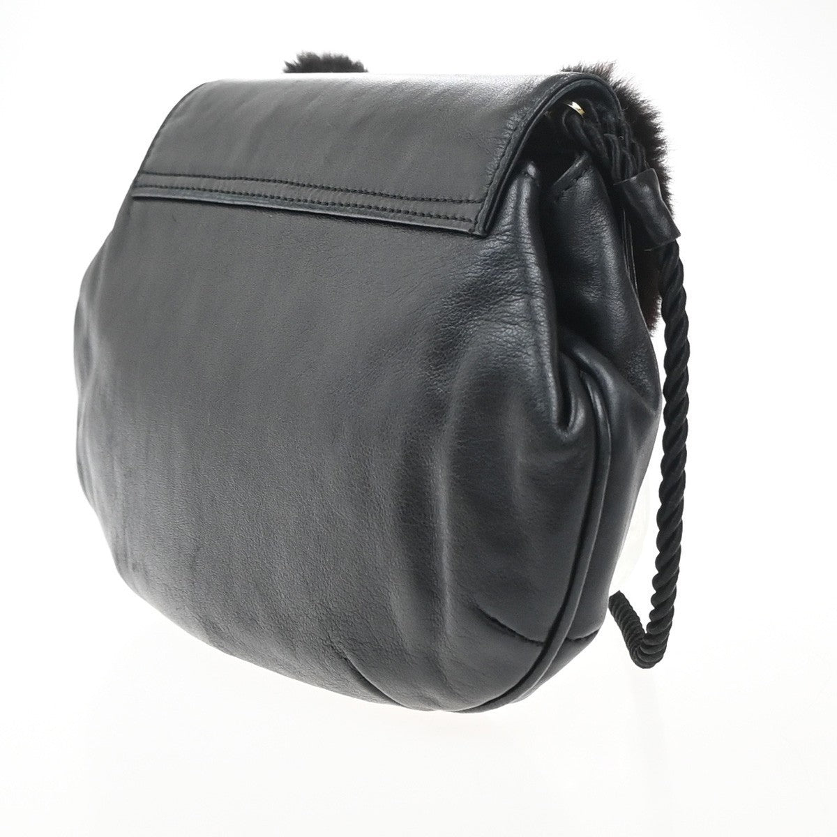 FENDI Logo Bow Shoulder Bag Fur Leather Black GHW Italy 65EG358