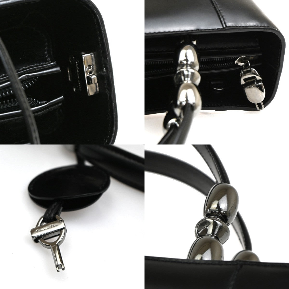 CHRISTIAN DIOR LOGO Maris Pearl  Tote Hand Bag Black SHW Italy 95TA404