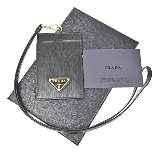 PRADA Logo Saffiano Card Holder Case Leather Black Gold 30RL374