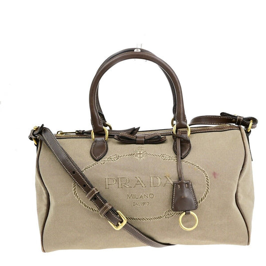 PRADA MILANO Logo Jacquard 2Way Shoulder Hand Bag Canvas Leather Brown 31EB710