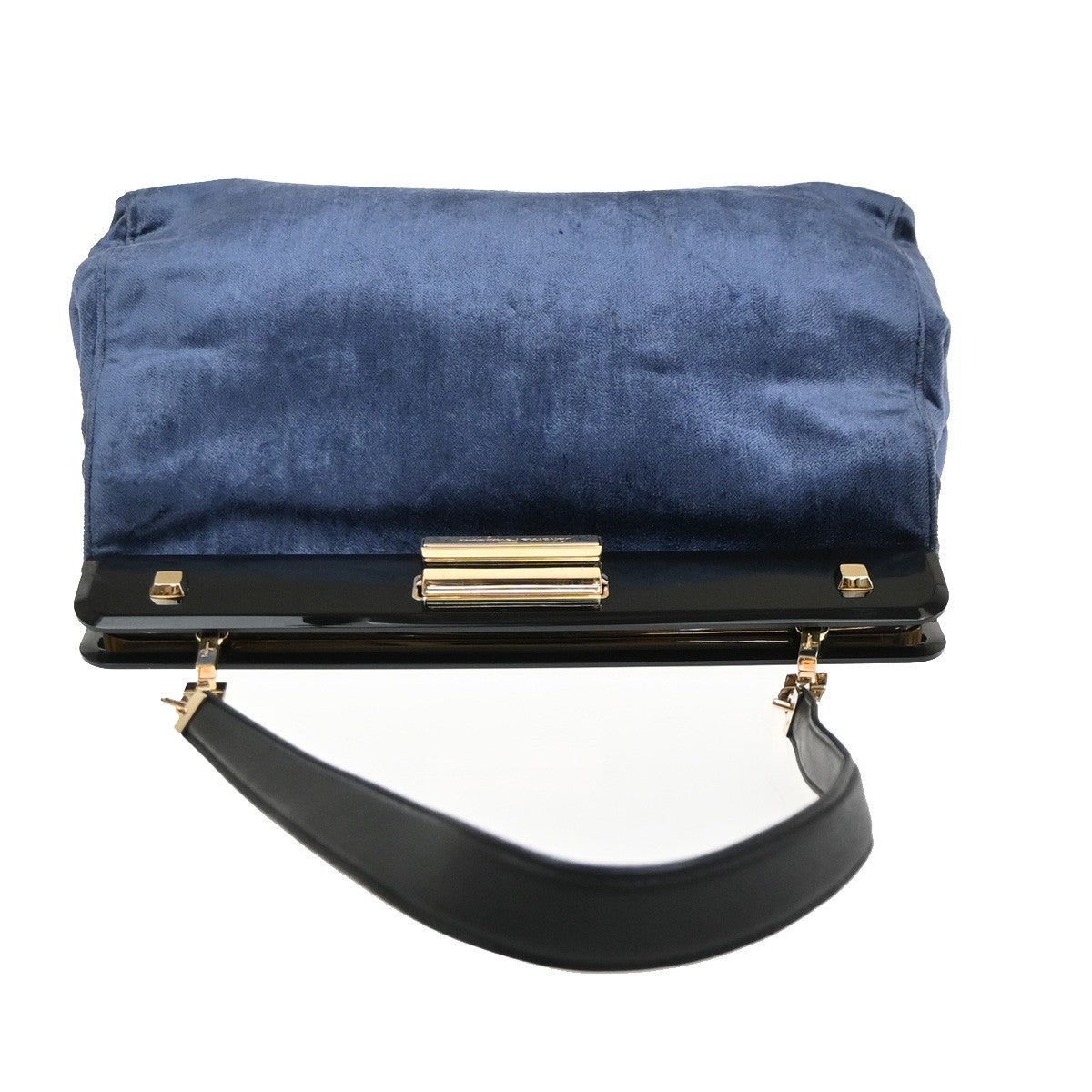 SALVATORE FERRAGAMO Logo Chain Shoulder Bag Velvet Leather Blue GHW 62MA634