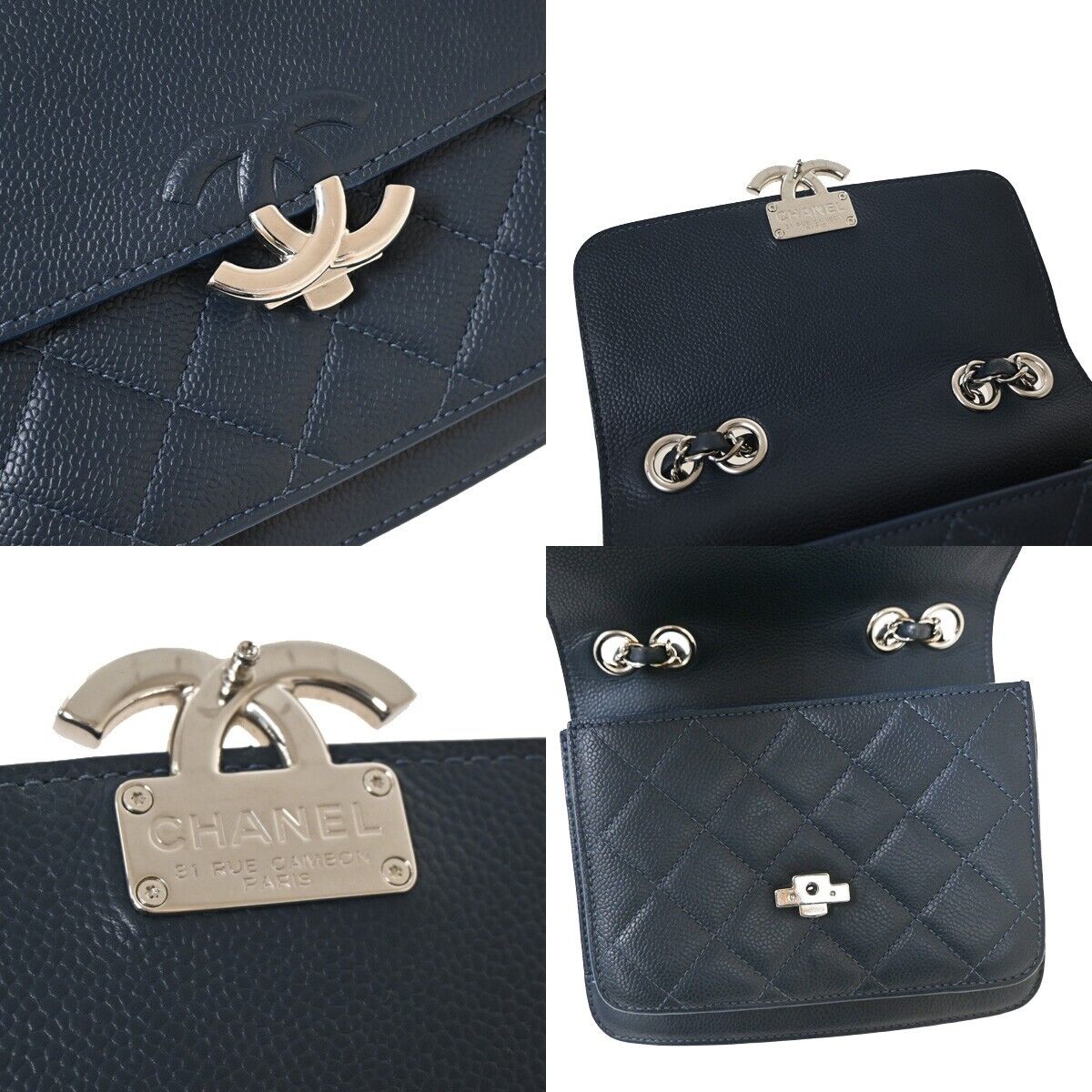 CHANEL CC Logo Matelasse Chain Shoulder Bag Leather Navy Blue silver 805RF077