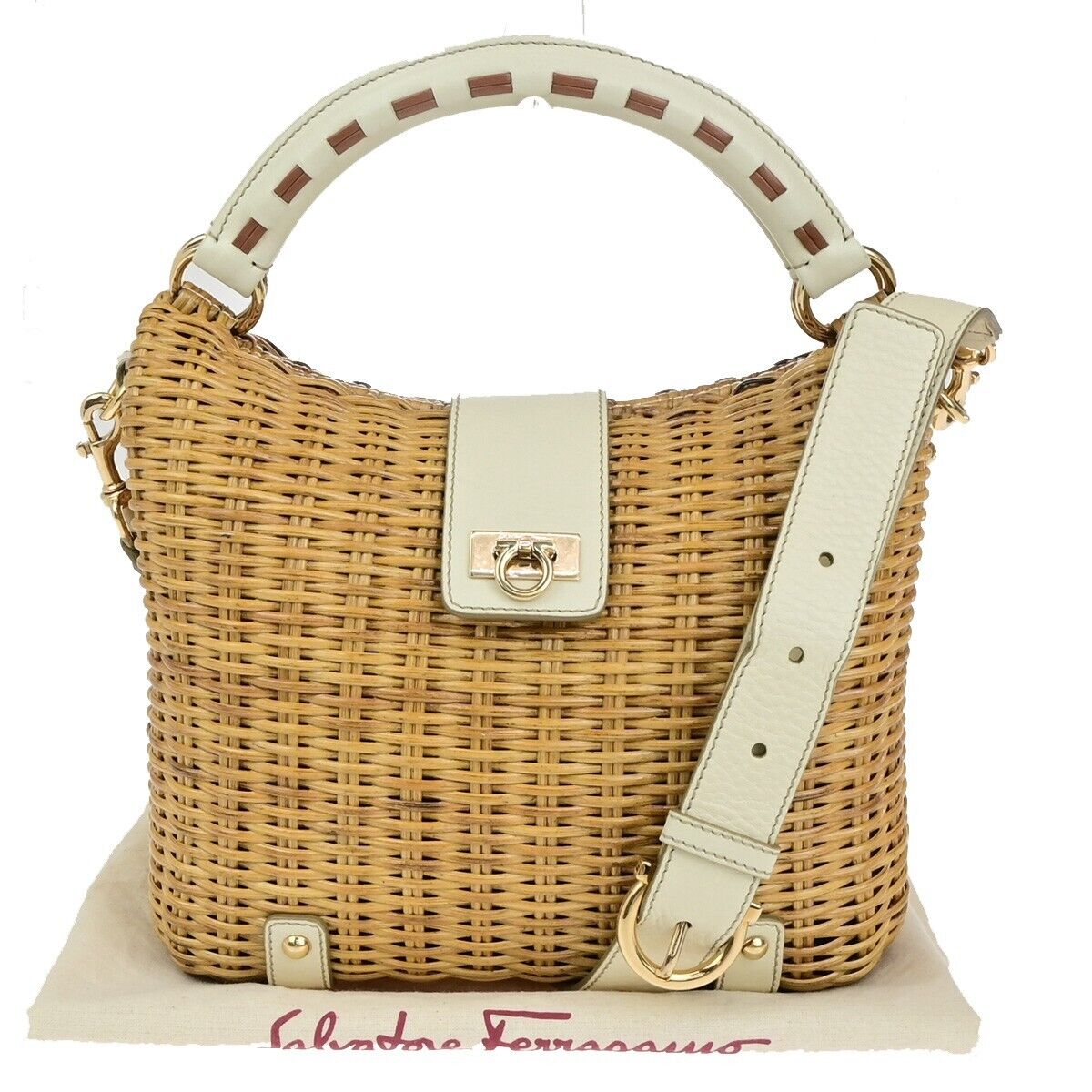 SALVATORE FERRAGAMO Basket Gancini 2Way Shoulder Bag Straw Leather BN WE 88EC604