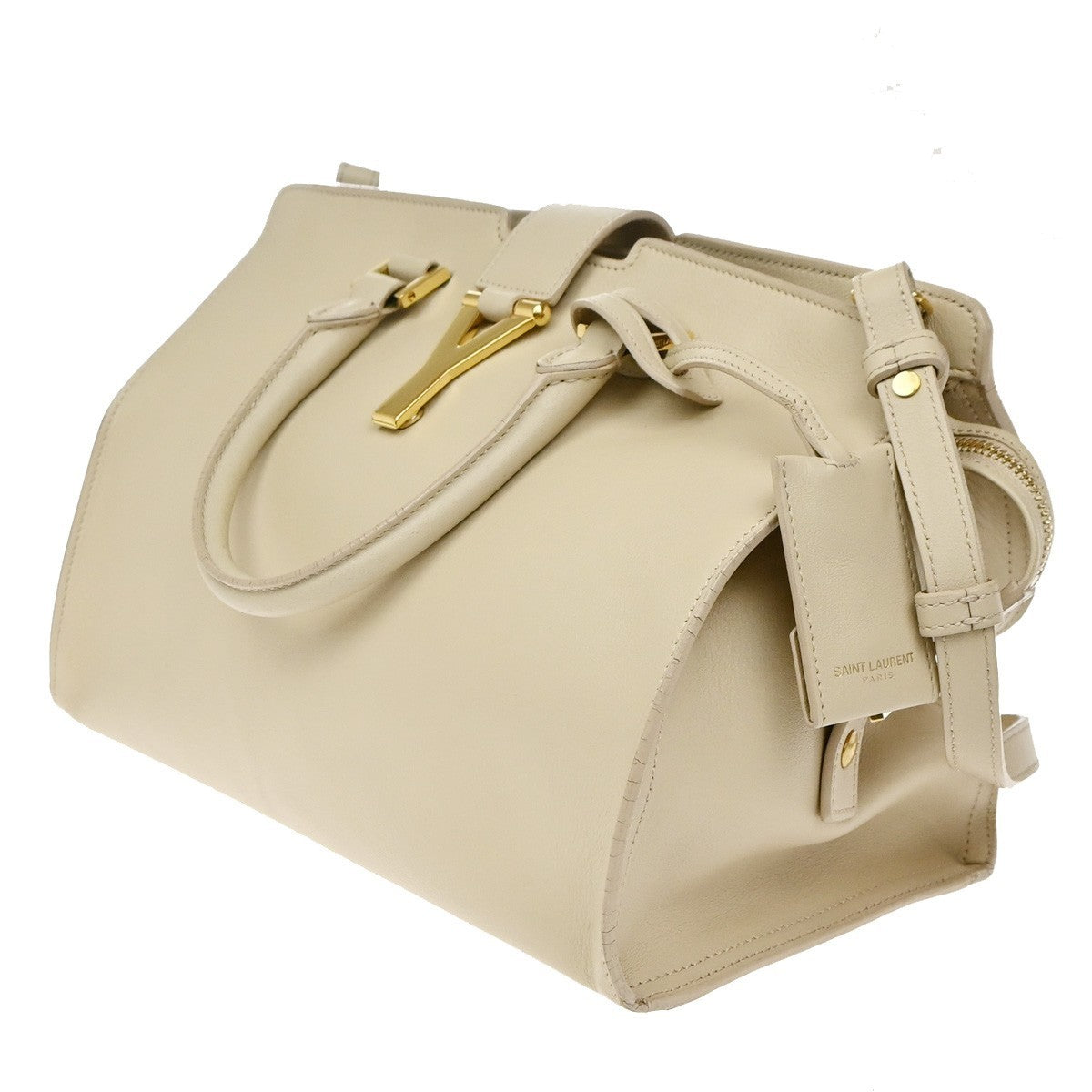 SAINT LAURENT  Logo Classic Y Cabas 2 Way Hand Bag Leather Beige Gold 72KP447