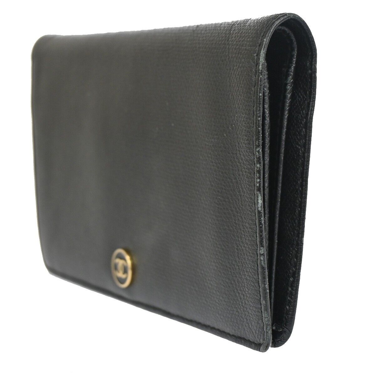 CHANEL CC Logo Long Bifold Wallet Purse Leather Black Gold Italy 66FA381