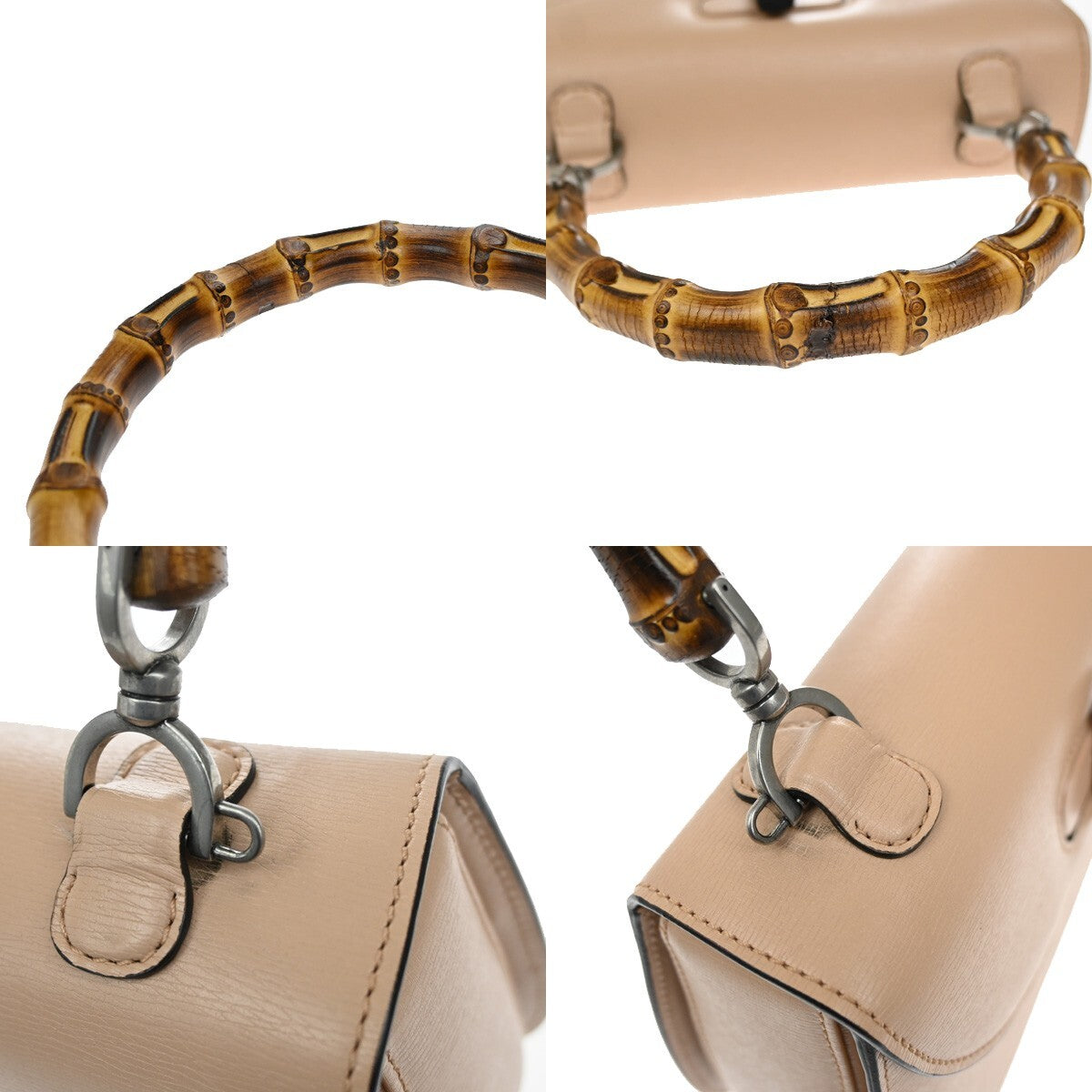 GUCCI Logo Bamboo 2Way Shoulder Hand Bag Leather Beige Silver Italy 669RL142