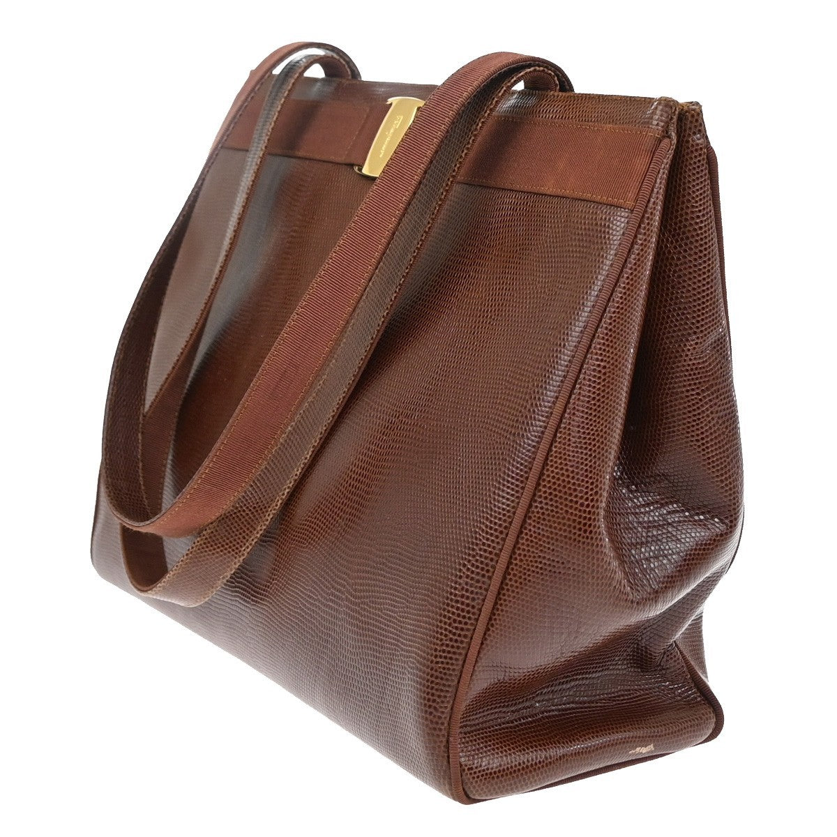 SALVATORE FERRAGAMO Logo Vara Hand Bag Embossing Leather Brown Gold 63EG040