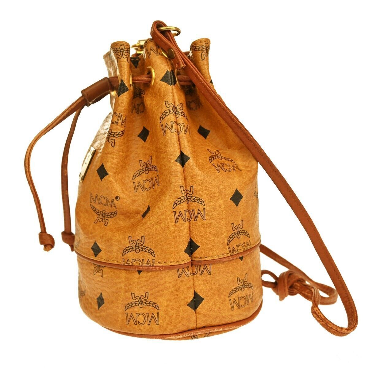 MCM Drawstring Shoulder Bag Leather Brown Gold Plated Made In Germany 68GA036