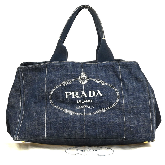 PRADA MILANO Logo Canapa Tote Handbag Denim Canvas Navy Blue GHW 35KC889