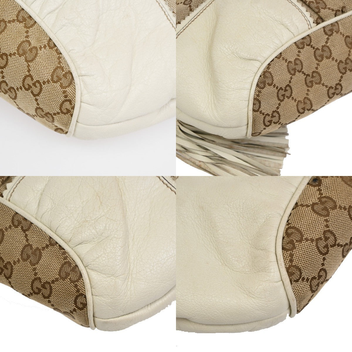 GUCCI GG Tassel Shoulder Tote Bag Canvas Leather Brown White Italy 62TA672