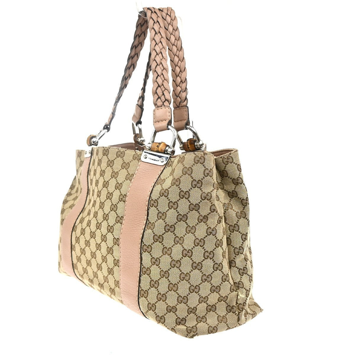 GUCCI Logo Bamboo GG Shoulder Hand Bag Canvas Leather Beige Pink Italy 32MA171