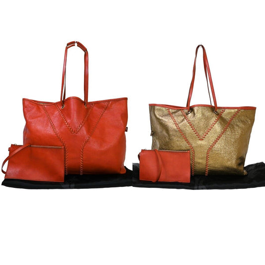 YVES SAINT LAURENT Y Neo Double Reversible Shoulder Bag Leather Red Gold 33YG808