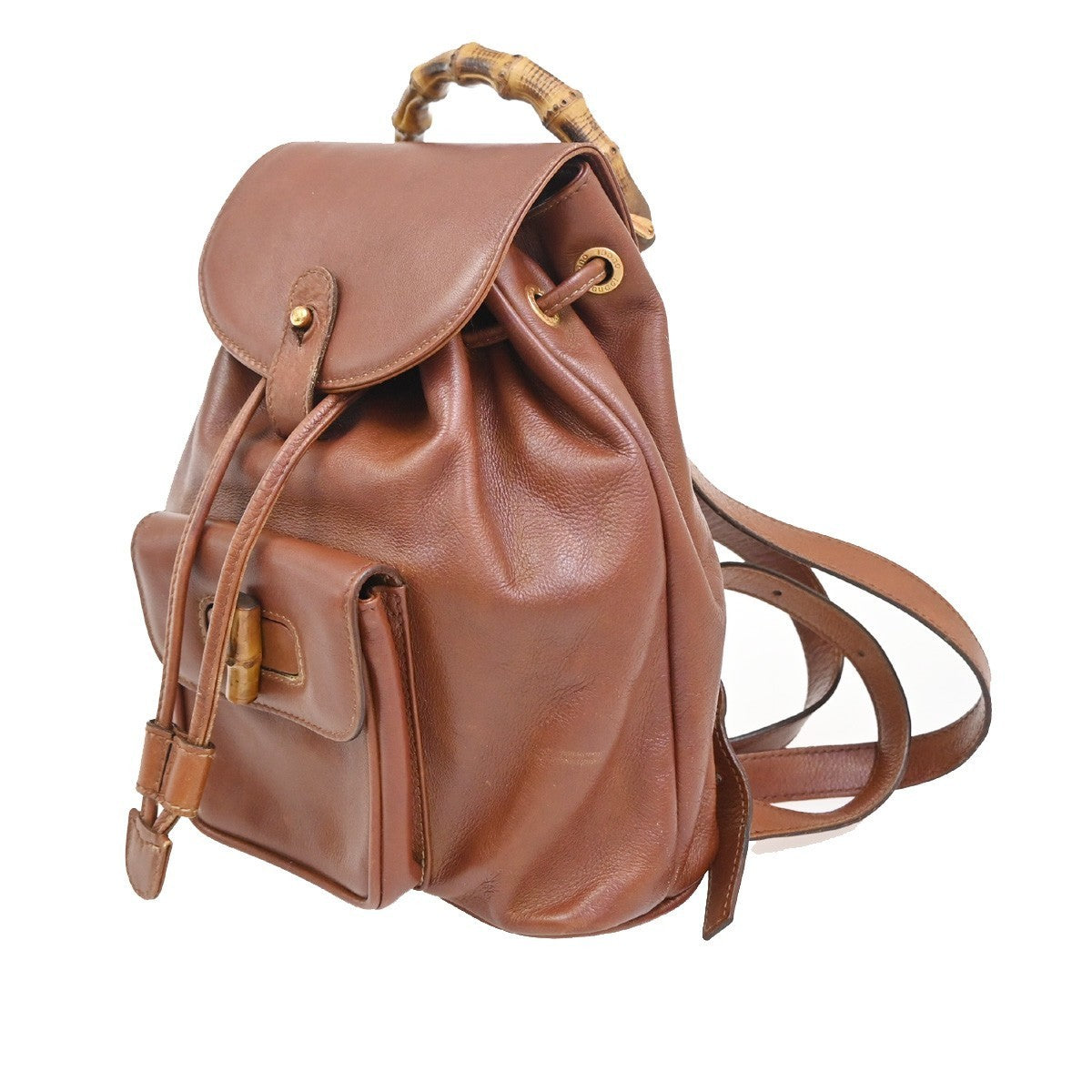 GUCCI Logo Bamboo Drawstring Mini Backpack Bag Leather Brown GHW Italy 38EG182