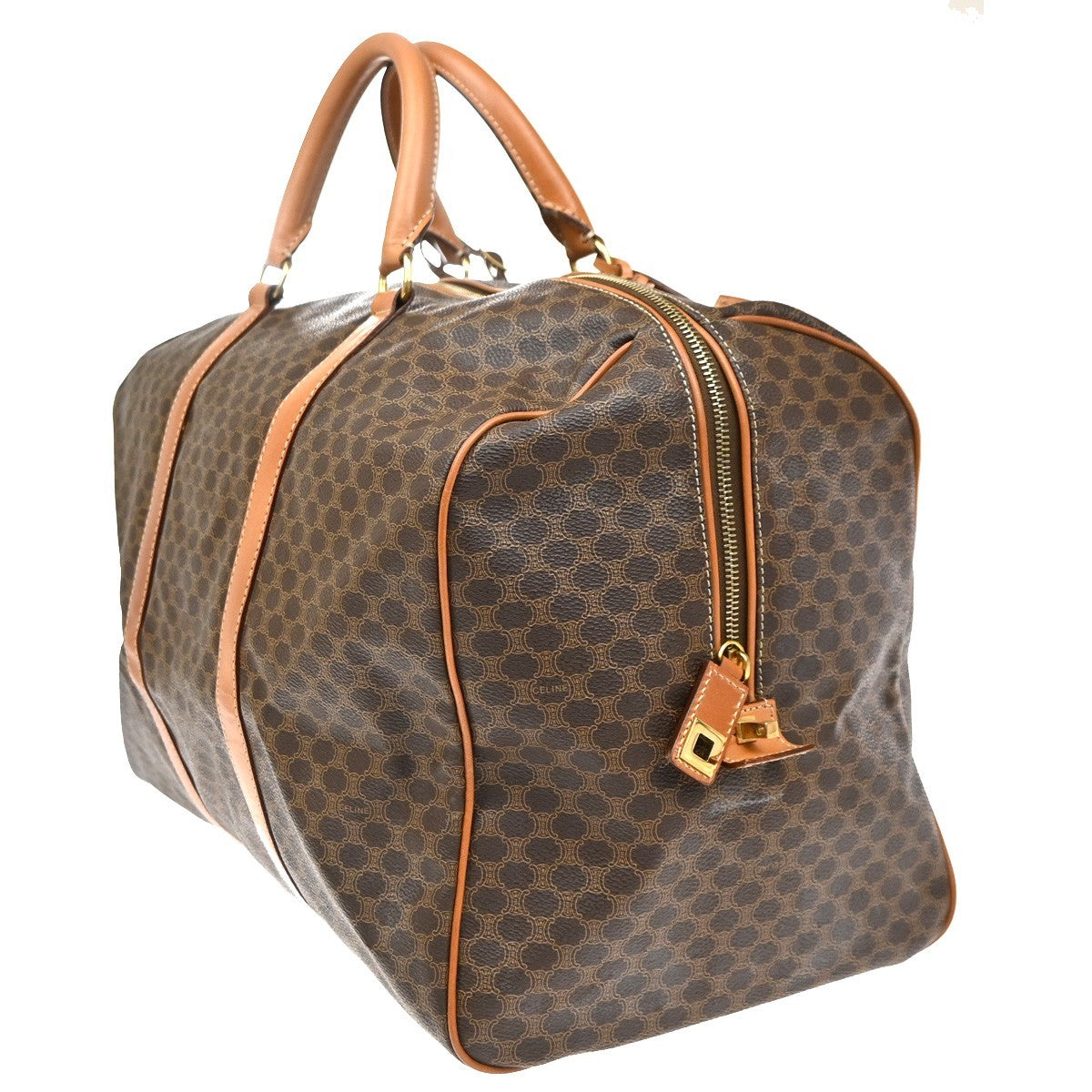 CELINE Logo Macadam Pattern Boston Hand Bag PVC Leather Brown GHW 30CA937