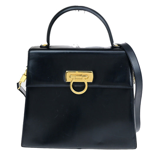 SALVATORE FERRAGAMO Logo Gancini 2Way Shoulder Hand Bag Leather Blue GHW 34YF576