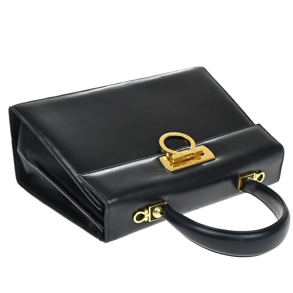 SALVATORE FERRAGAMO Logo Gancini Hand Bag Leather Navy Blue GHW Italy 67EF341